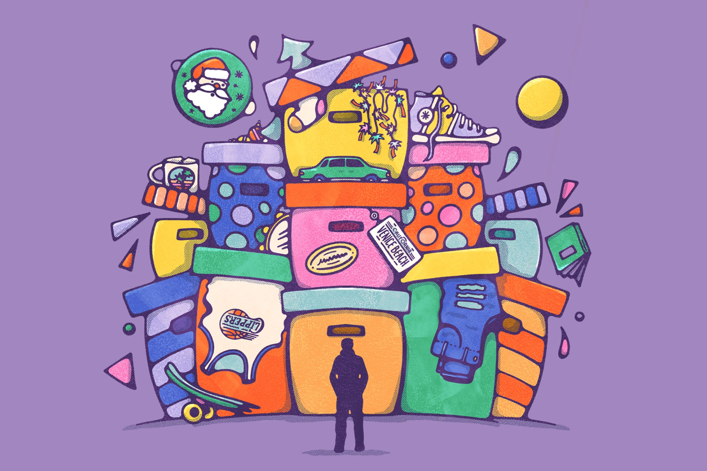 Illustration of a person looking at an overwhelming pile of boxes, bins and other clutter.