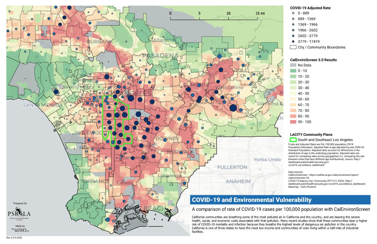 Map showing COVID-19 case rates overlaid on pollution burdens across Los Angeles County.