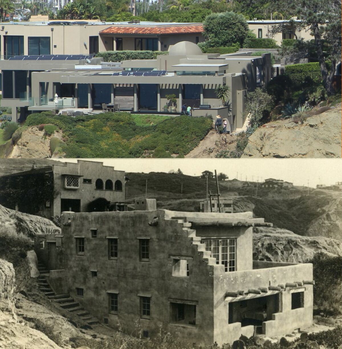 NOW (top): All Hopi has been abandoned at the site today. THEN (bottom): Architect Frank Mead and his partner Richard Requa built this pueblo-style masterpiece in 1914.