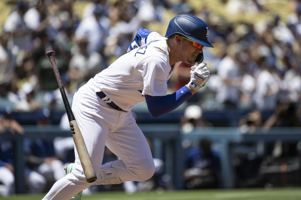 The Dodgers' Kike Hernandez runs during a  game against the Toronto Blue Jays on July 26, 2023, at Dodger Stadium.