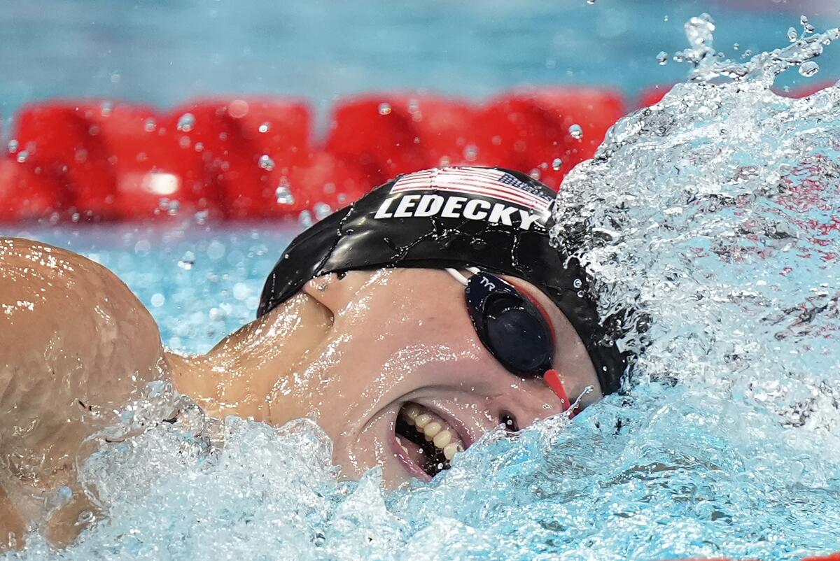 American Katie Ledecky competes in the women's 800-meter freestyle final at the Summer Olympics.