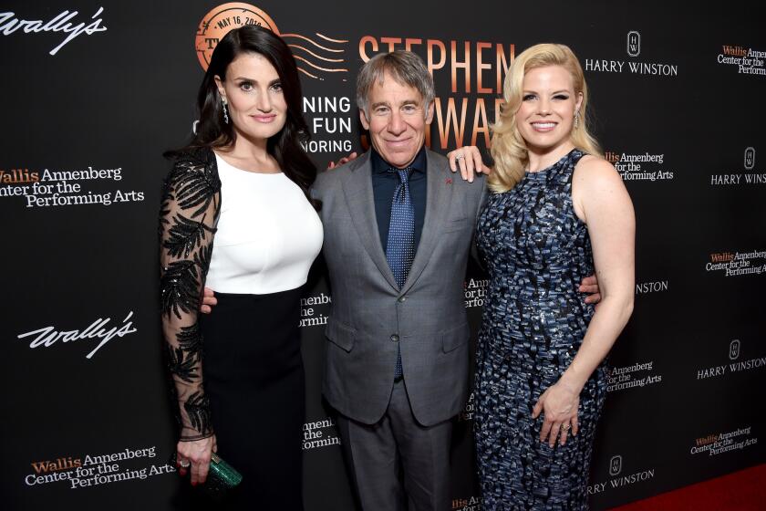 BEVERLY HILLS, CALIFORNIA - MAY 16: Idina Menzel, honoree Stephen Schwartz and Megan Hilty attend Wallis Annenberg Center For The Performing Arts Spring Celebration at Wallis Annenberg Center for the Performing Arts on May 16, 2019 in Beverly Hills, California. (Photo by Michael Kovac/Getty Images for The Wallis Annenberg Center for the Performing Arts )