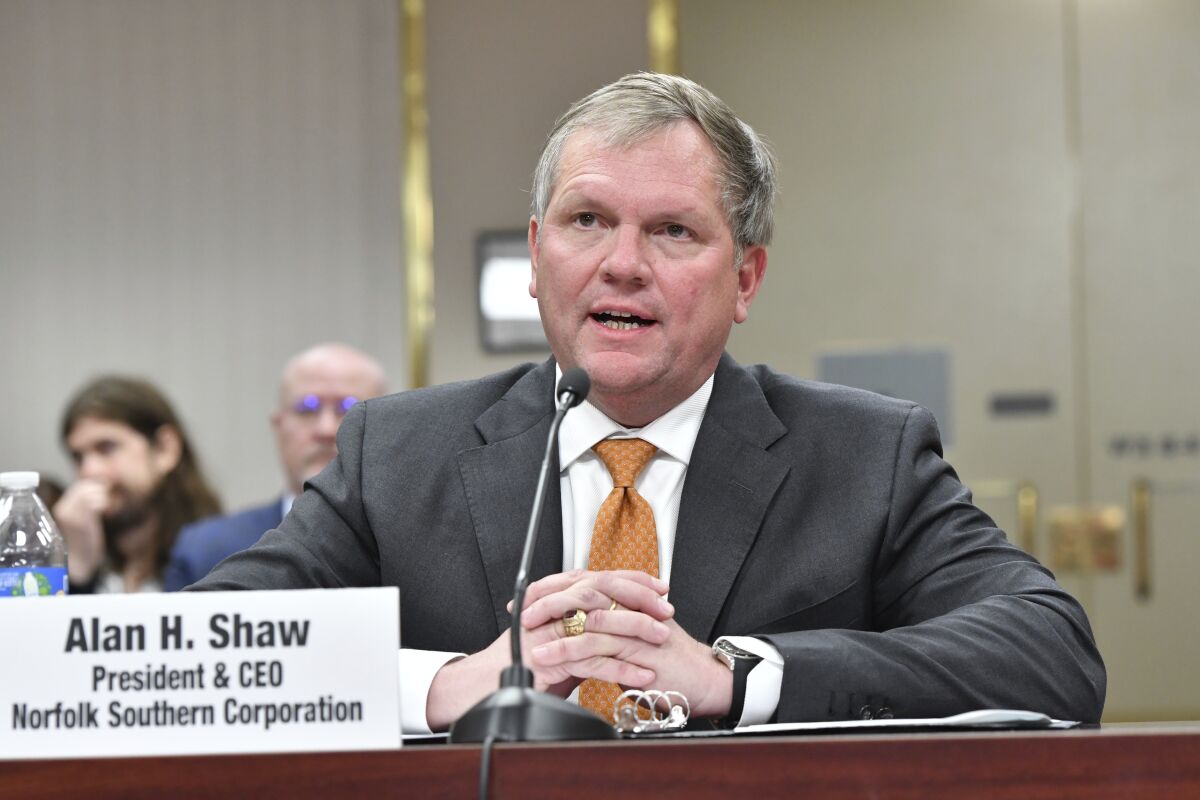 Norfolk Southern CEO Alan Shaw testifies about the Feb.3 derailment in East Palestine, Ohio, before the Pennsylvania state Senate Veterans Affairs and Emergency Preparedness Committee, March 20, 2023, in Harrisburg, Pa. (AP Photo/Marc Levy)