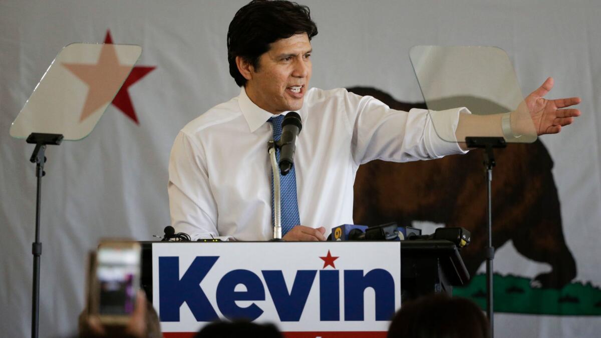 State Sen. Kevin de León addresses supporters during an L.A. event Wednesday to formally announce his candidacy for U.S. Senate.