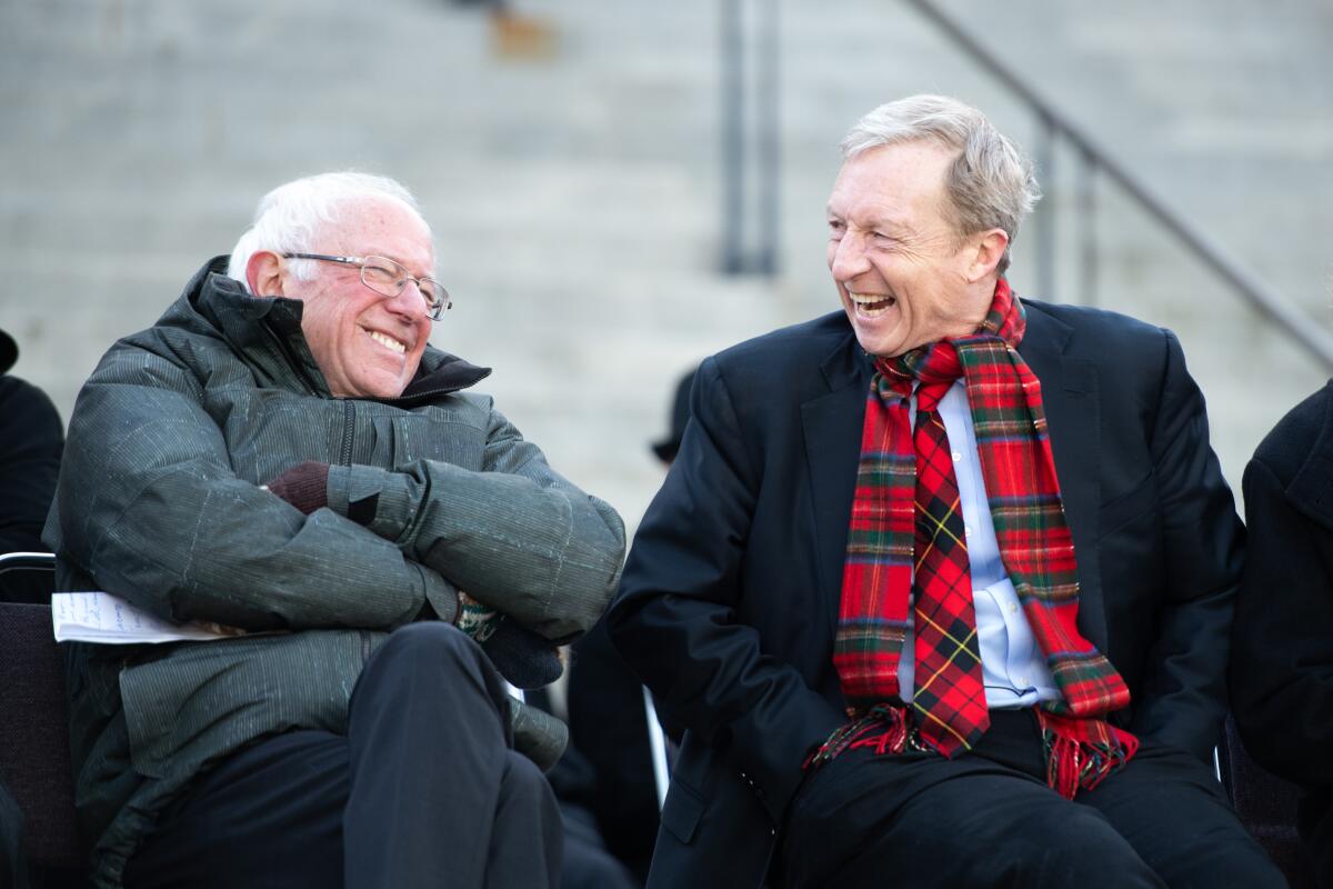 Sen. Bernie Sanders, left, and Tom Steyer at a Martin Luther King Jr. Day event in Columbia, S.C.