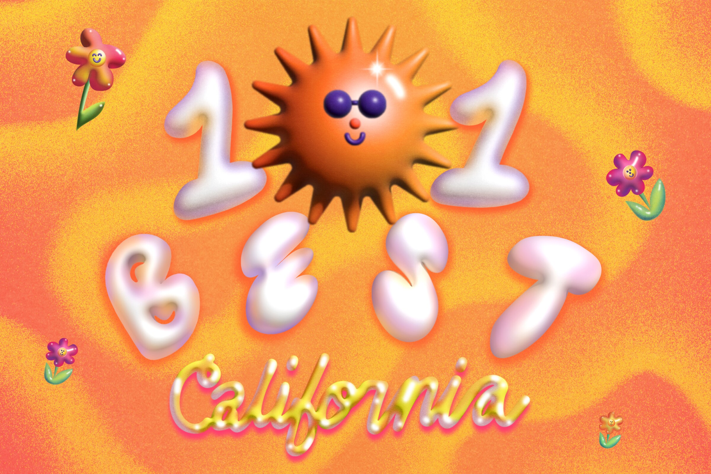 illustrated text reading "101 best California" with a sun wearing sunglasses in place of the zero on a colorful background