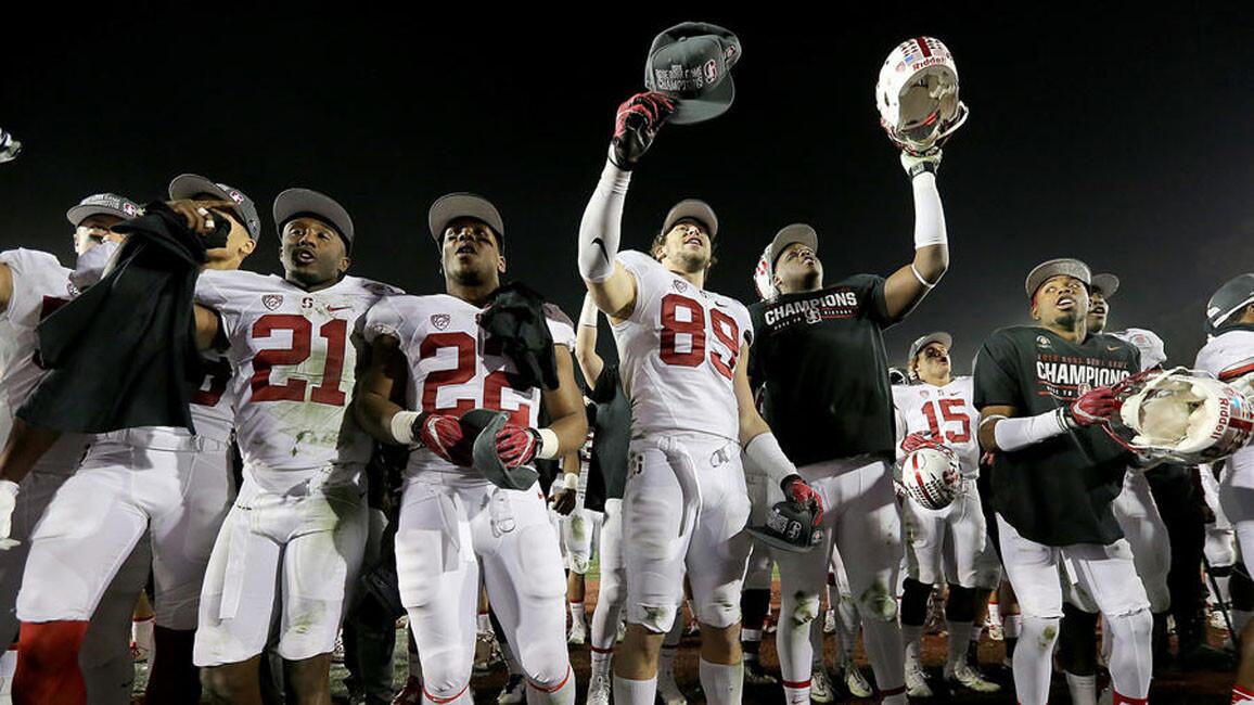 Stanford players celebrate after their 45-16 victory over Iowa in the 102nd Rose Bowl game.