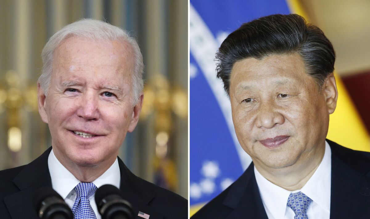 This combination image shows U.S. President Joe Biden in Washington, Nov. 6, 2021, and China's President Xi Jinping in Brasília, Brazil, Nov. 13, 2019. Biden and Xi will have a rare virtual encounter this week with other Pacific Rim leaders during this year's Asia-Pacific Economic Cooperation (APEC) forum hosted by New Zealand, to chart a path to recovery out of the once-in-a-century crisis brought on by the pandemic. (AP Photo/Alex Brandon, Eraldo Peres)