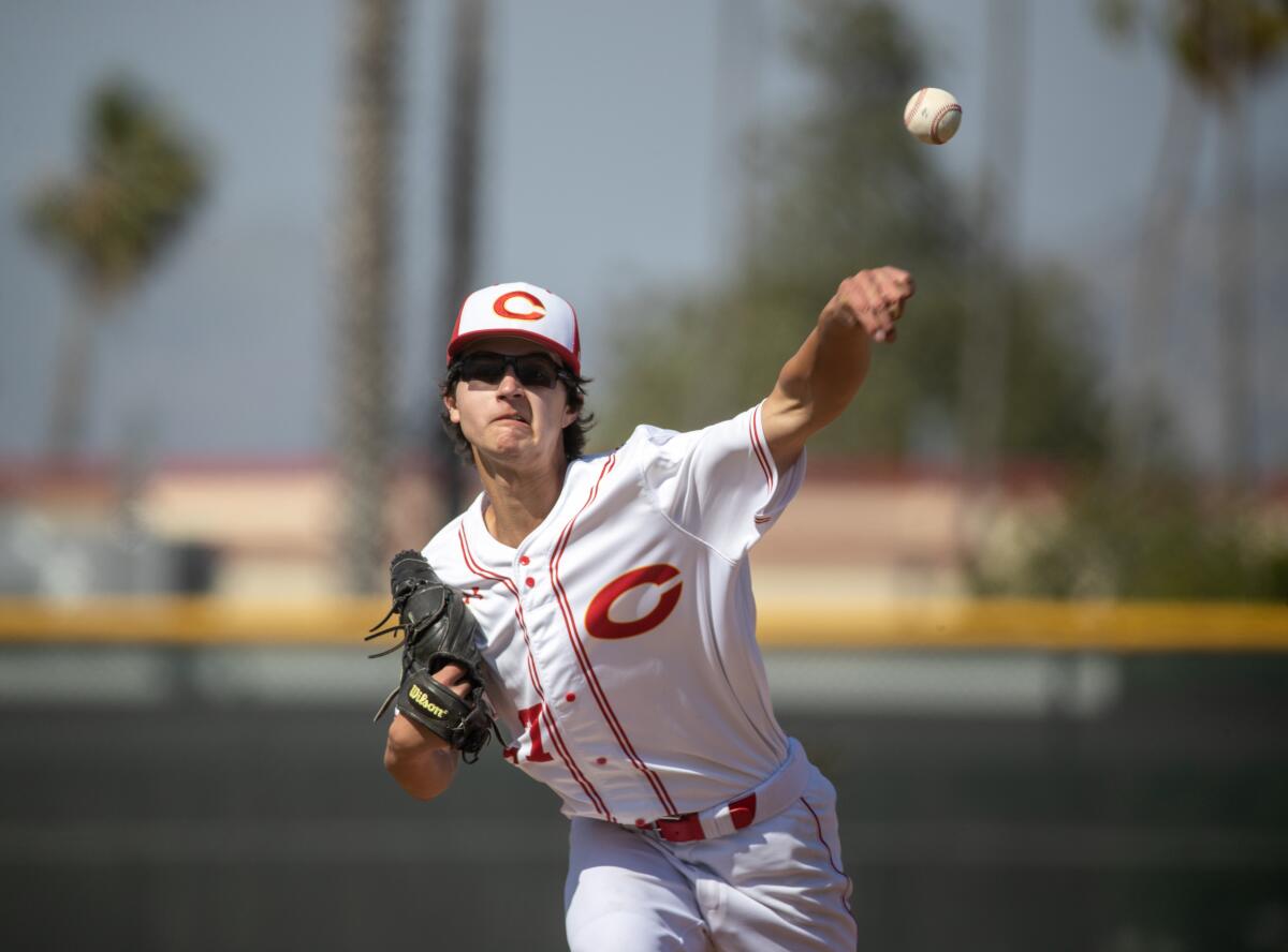 Corona High left-hander Ethan Schiefelbein unleashes a pitch during a game last season.