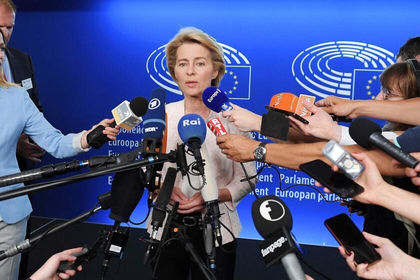 German Defence Minister Ursula von der Leyen speaks to journalists during the first plenary session of the newly elected European Assembly at the European Parliament on July 03, 2019 in Strasbourg, eastern France. (Photo by FREDERICK FLORIN / AFP)FREDERICK FLORIN/AFP/Getty Images ** OUTS - ELSENT, FPG, CM - OUTS * NM, PH, VA if sourced by CT, LA or MoD **