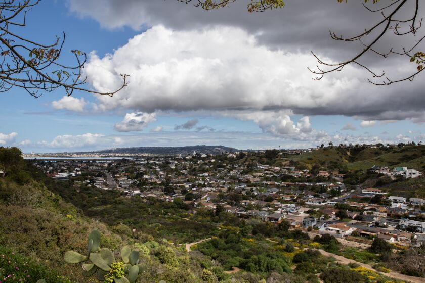 San Diego, - May 03: Heavy clouds loom over the surrounding areas of Tecolote Canyon on Wednesday, May 3, 2023 in San Diego, CA. (Adriana Heldiz / The San Diego Union-Tribune)