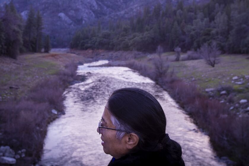 McCloud River, CA - January 21: Caleen Sisk, chief and spiritual leader of the Winnemem Wintu Tribe, visits the McCloud River in January. (Allen J. Schaben / Los Angeles Times)
