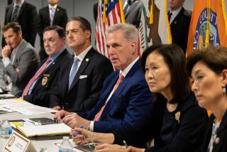 SANTA ANA, CA - JUNE 16: OCDA Bureau Investigation chief Paul Walters, second from left, Todd Spitzer, Orange County District Attorney, Kevin McCarthy, Speaker of the House, Congresswoman Michelle Steel and Congresswoman Young Kim meet to discuss issue of communities that are being impacted by home invasions being carried out by foreign criminals exploiting Chile's status in the Visa Waiver Program. Meeting took place at Orange County District Attorney Office, Santa Ana, CA. (Irfan Khan / Los Angeles Times)