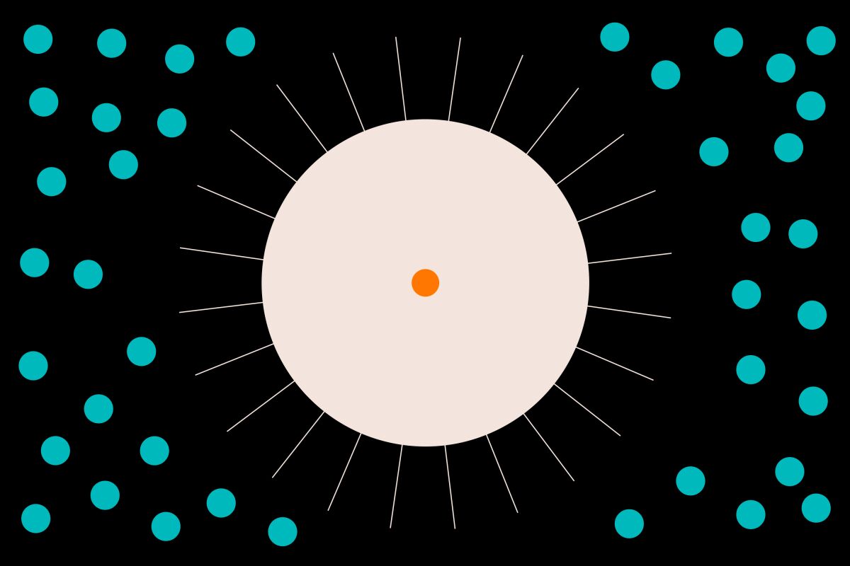 A solitary orange dot inside a large white covid-shaped field surrounded by black space dotted with blue dots.