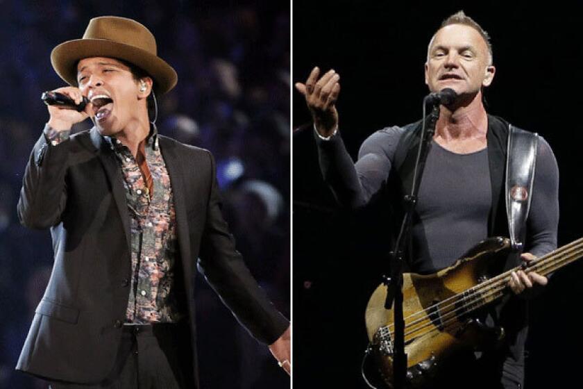 Bruno Mars, left, will perform with Sting on Sunday's Grammy Awards. Is the world ready for this mash-up?