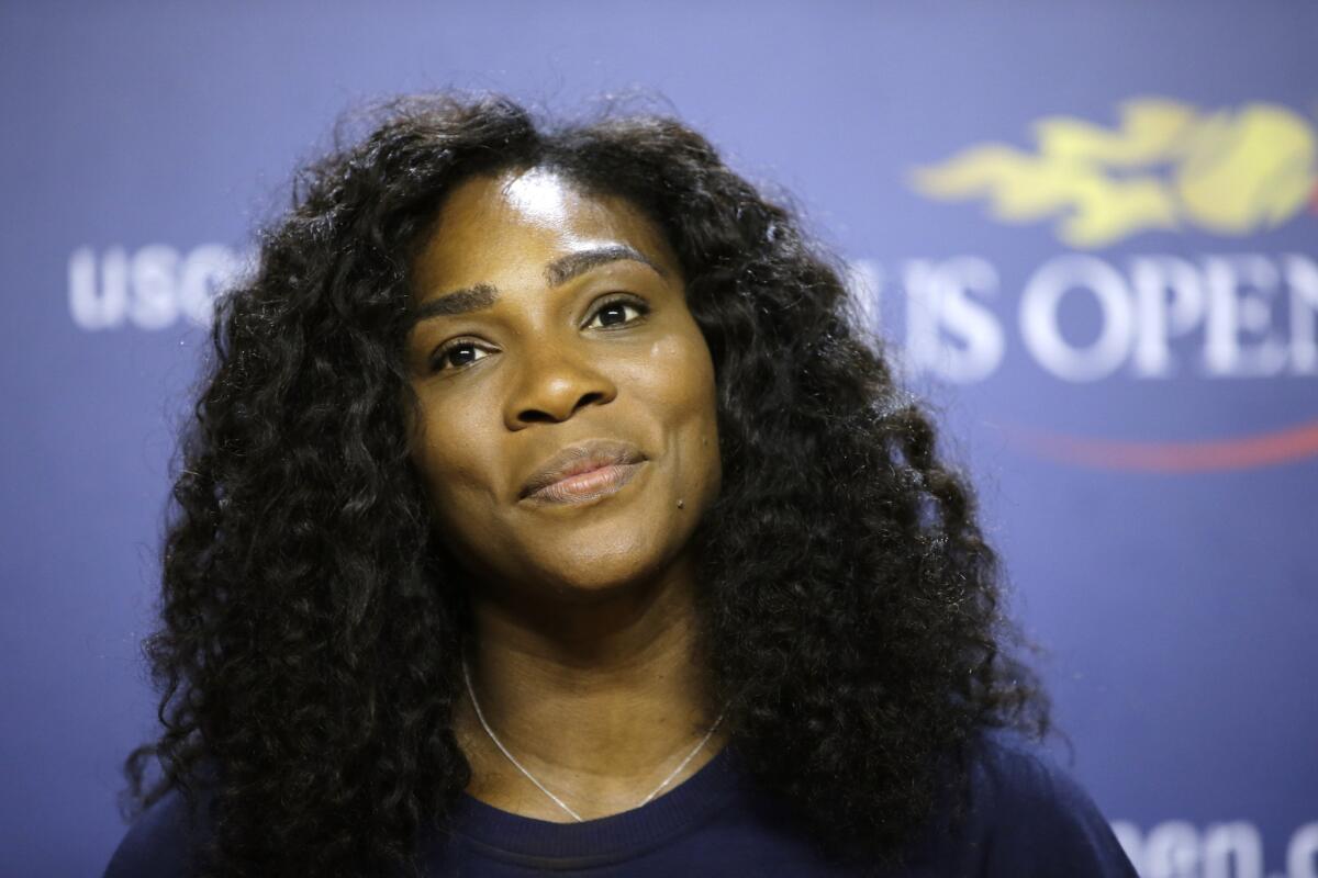 Serena Williams speaks during a news conferene at the USTA Billie Jean King National Tennis Center in New York on Aug. 27.)