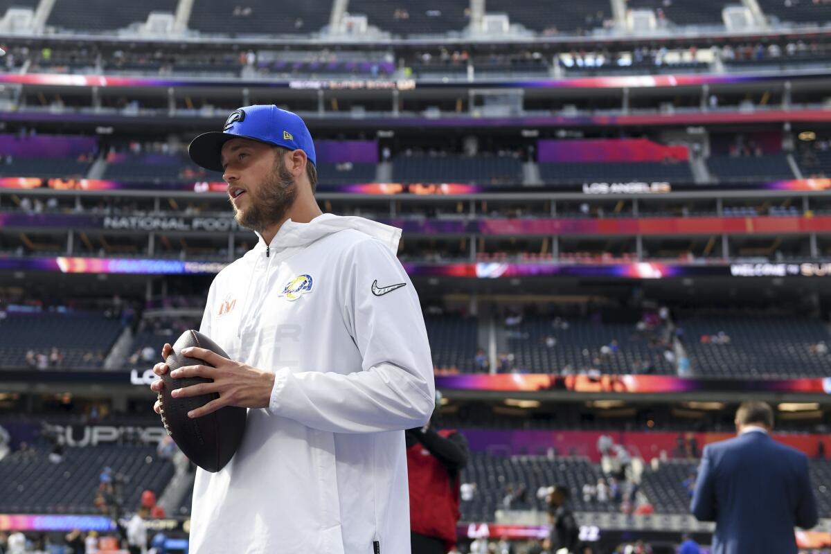 Matthew Stafford warms up before leading the Rams to victory in Super Bowl LVI at SoFi Stadium on Feb. 13.