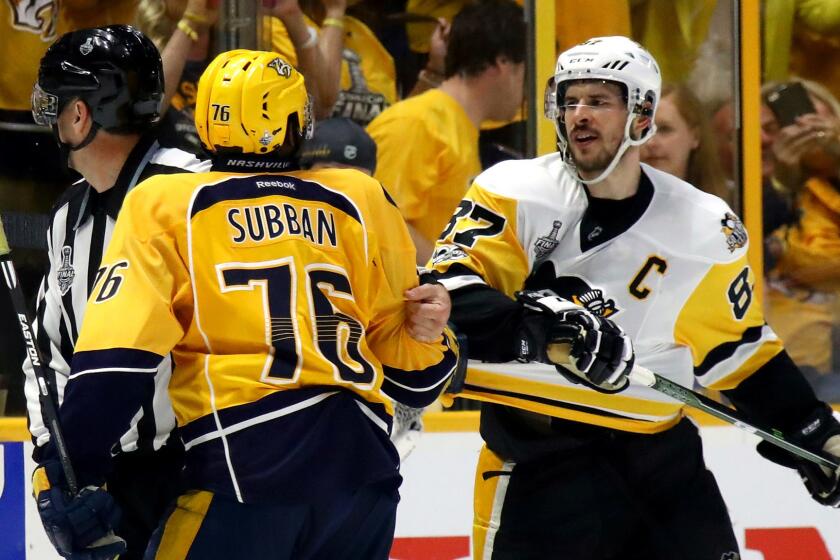 NASHVILLE, TN - JUNE 03: P.K. Subban #76 of the Nashville Predators and Sidney Crosby #87 of the Pittsburgh Penguins exchange words after the Predators defeated the Penguins 5-1 in Game Three of the 2017 NHL Stanley Cup Final at the Bridgestone Arena on June 3, 2017 in Nashville, Tennessee. (Photo by Bruce Bennett/Getty Images) ** OUTS - ELSENT, FPG, CM - OUTS * NM, PH, VA if sourced by CT, LA or MoD **