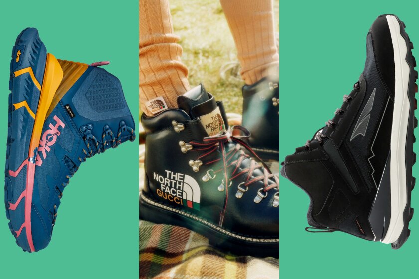 A collage of hiking boots