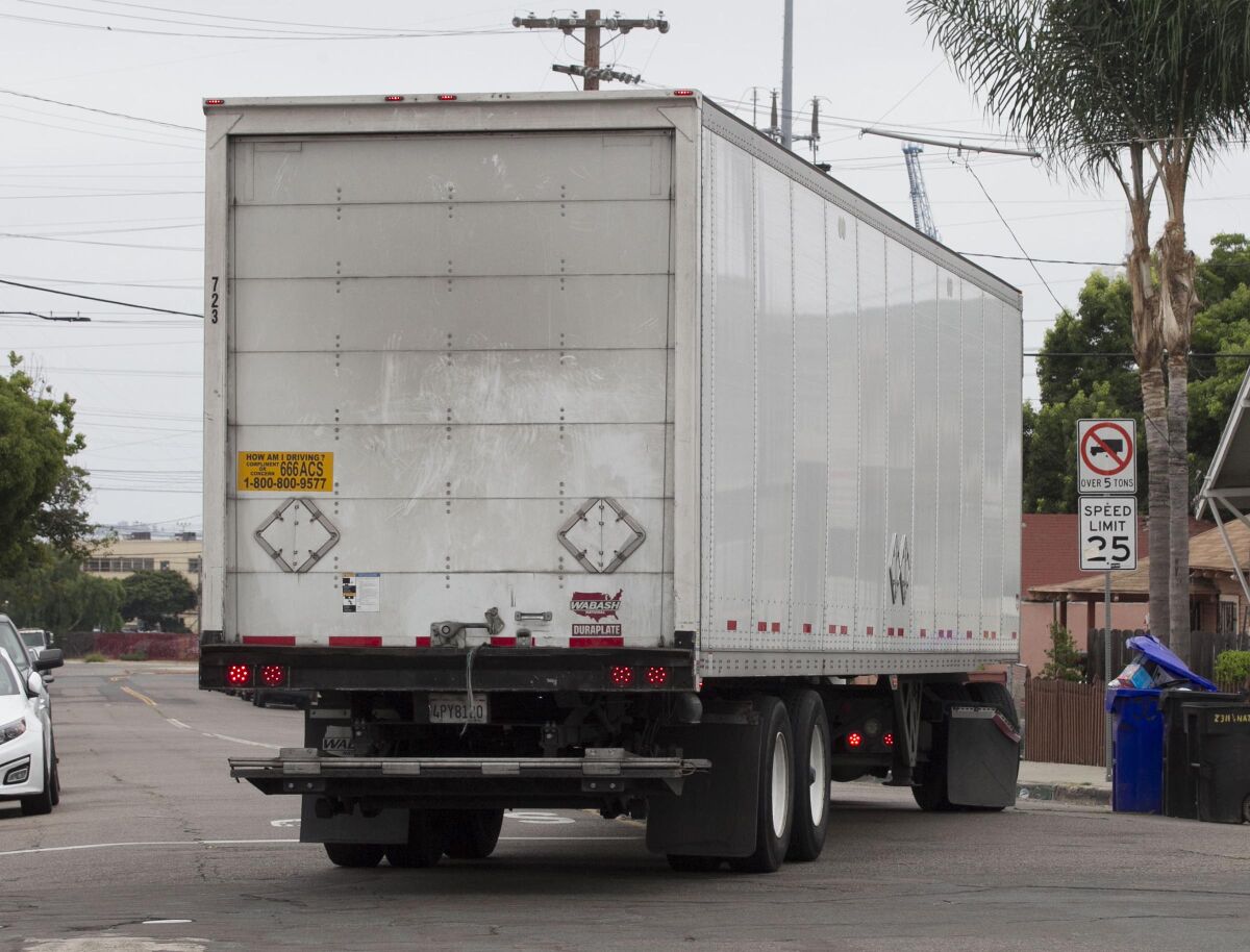 An 18 wheeler made it's way down 26th street in the Barrio Logan neighborhood of San Diego August 27 , 2019 despite the signs barring no truck traffic for vehicles over 5 tons.