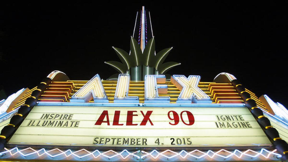 The historic Alex Theatre, just down the block from MONA, all lit up.