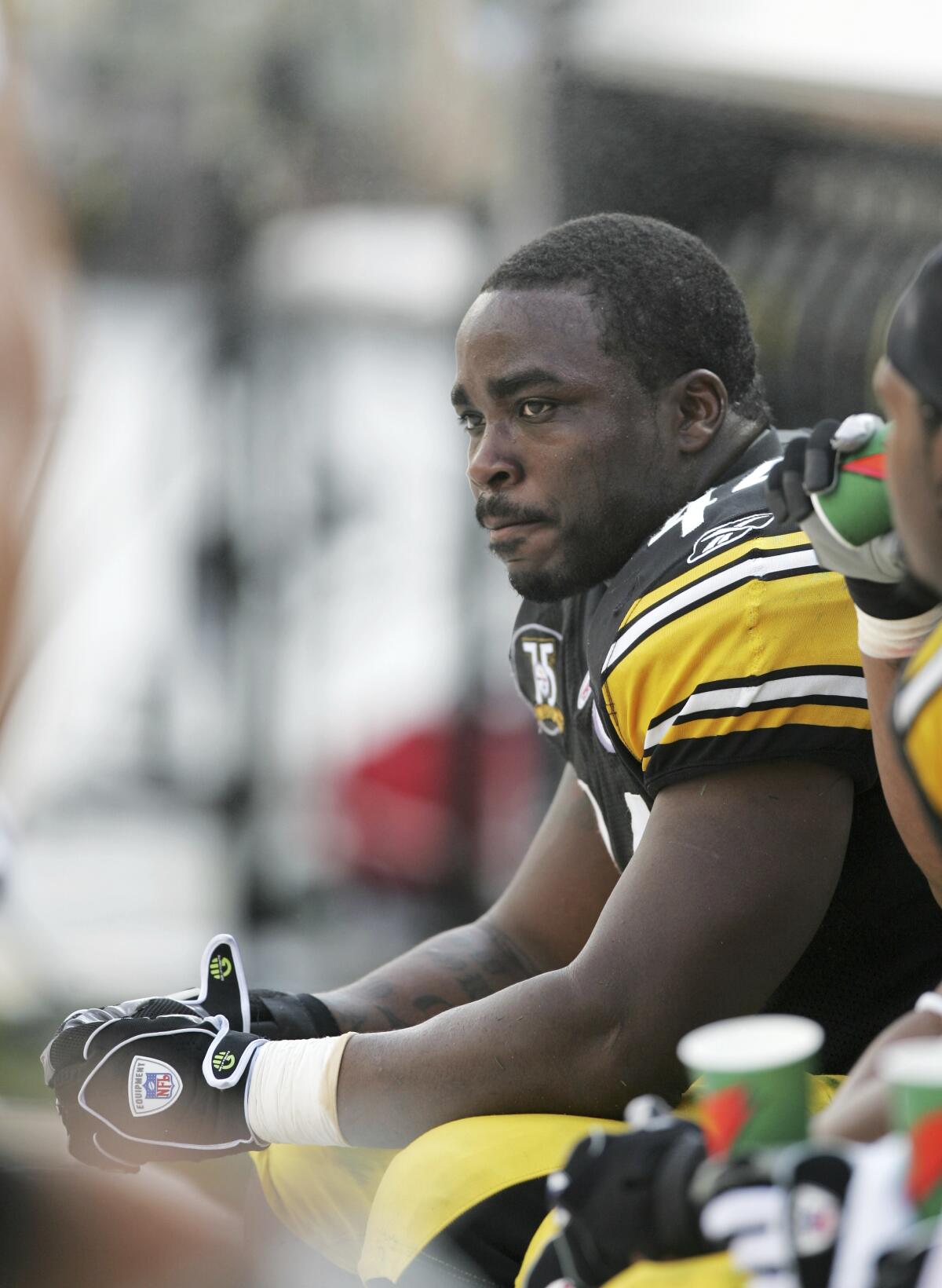 FILE - Pittsburgh Steelers running back Najeh Davenport (44) sits on the bench during an NFL football game against the Seattle Seahawks in Pittsburgh, in this Sunday, Oct. 7, 2007, file photo. A federal judge on Monday, March 8, 2021, dismissed a lawsuit that challenged “race-norming” in dementia tests for retired NFL players, a practice that some say makes it harder for Black athletes to show injury and qualify for awards. Davenport was denied an award but would have qualified had they been white, according to their lawsuit. (AP Photo/Keith Srakocic, File)