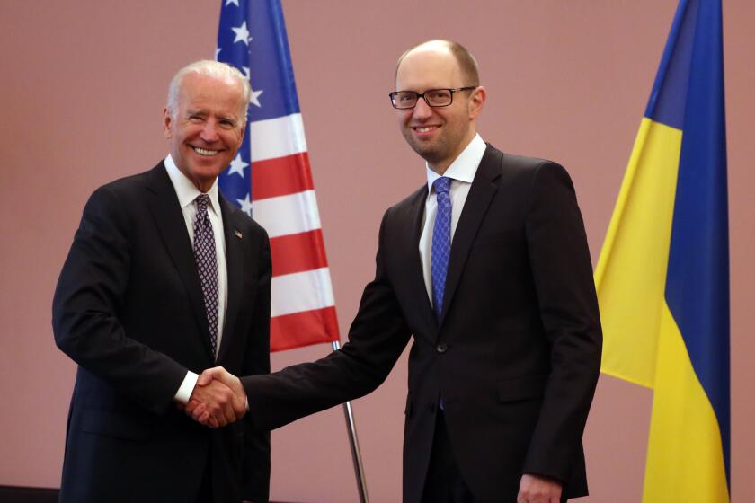 Vice President Joe Biden meets with Ukraine's acting prime minister, Arseny Yatsenyuk, in Kiev on Tuesday.