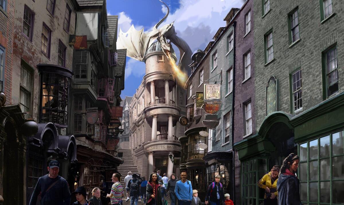 Opening this summer at Universal Studios Florida, The Wizarding World of Harry Potter - Diagon Alley will bring even more of Harry Potter's adventures to life. Guests will pass through London and the iconic brick wall archway from the films into Diagon Alley - a bustling, wizarding hub within a Muggle city. There will be shops, dining experiences, and a new ride called Harry Potter and the Escape from Gringotts - a multi-sensory, multi-dimensional journey that will take theme park attractions to a new level. (C) 2014 Universal Orlando Resort. All rights reserved. (PRNewsFoto/Universal Orlando Resort)
