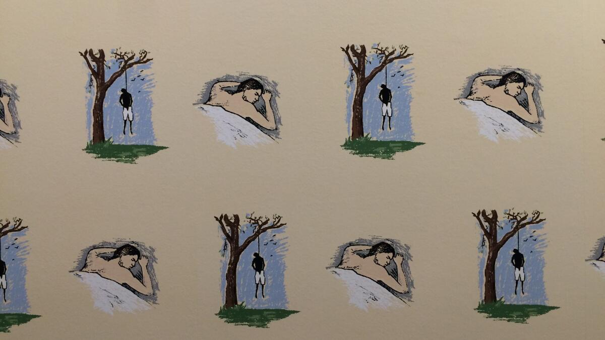 A detail from a screenprinted wallpaper by Robert Gober titled "Hanging Man/Sleeping Man," from 1989.