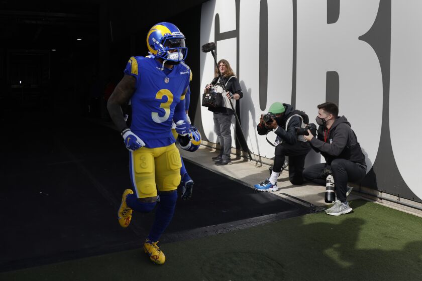 TAMPA BAY, FL- JANUARY 23, 2022: Los Angeles Rams wide receiver Odell Beckham Jr. (3) enters the field before the NFC Divisional game against the Tampa Bay Buccaneers at Raymond James Stadium on January 23, 2022 in Tampa Bay, Florida.(Gina Ferazzi / Los Angeles Times)