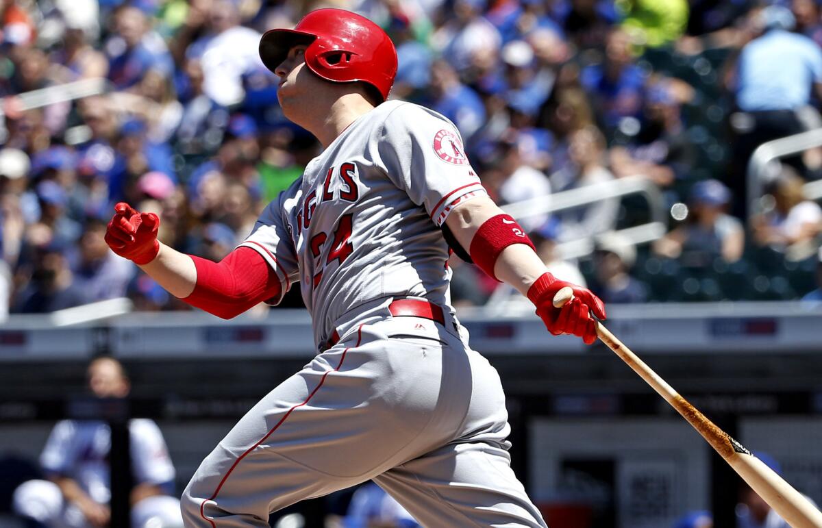 Angels slugger C.J. Cron watches his grand slam during the first inning of a game against the Mets earlier this season.