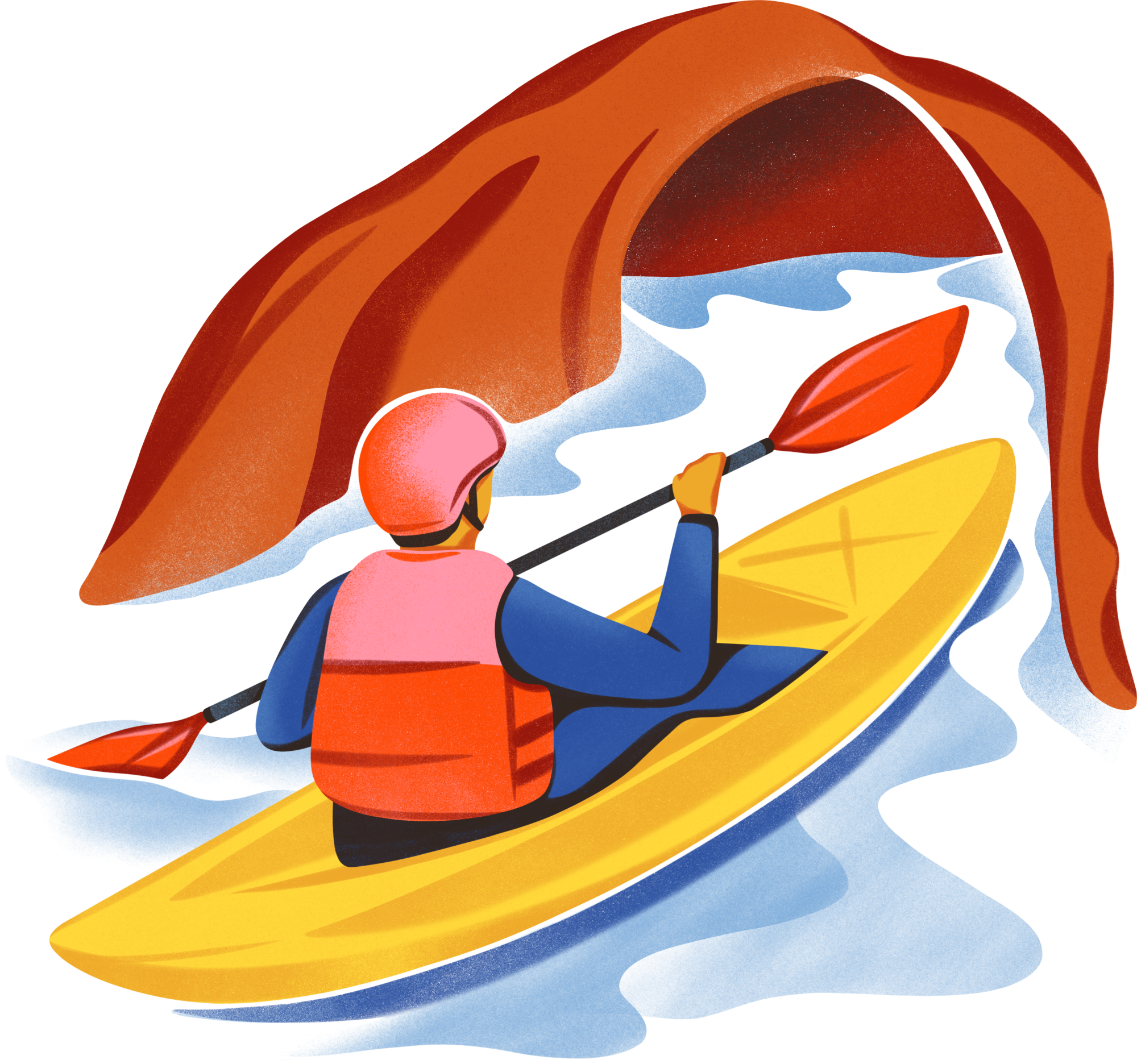 An illustration of a human kayaking towards a cave