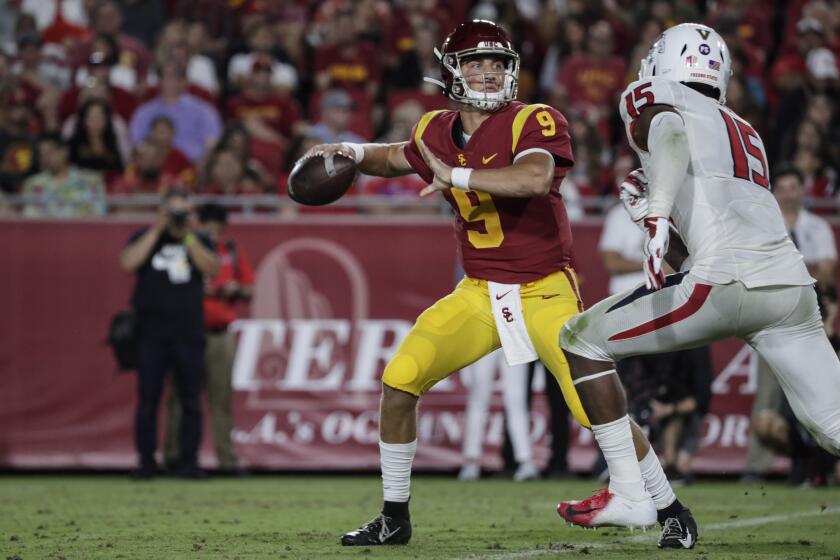LOS ANGELES, CA, SATURDAY, AUGUST 31, 2019 - USC quarterback Kedon Slovis in action against Fresno State at the Coliseum. (Robert Gauthier/Los Angeles Times)