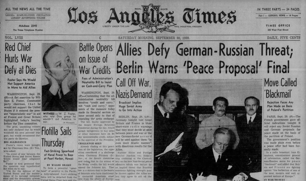 The front page of the Sept 30, 1939 L.A. Times chronicles the early days of WWII.