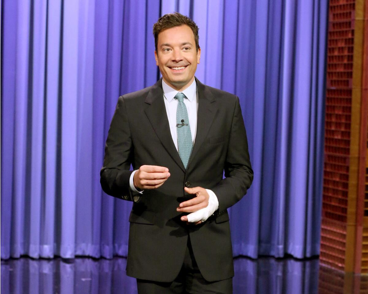 Host Jimmy Fallon appeared on "The Tonight Show Starring Jimmy Fallon" last July with his left-hand ring finger bandaged.