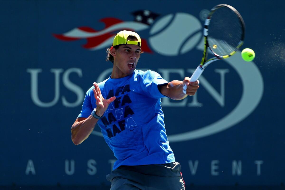 Rafael Nadal practices at the USTA Billie Jean King National Tennis Center on Saturday in preparation for the U.S. Open, which begins Monday.