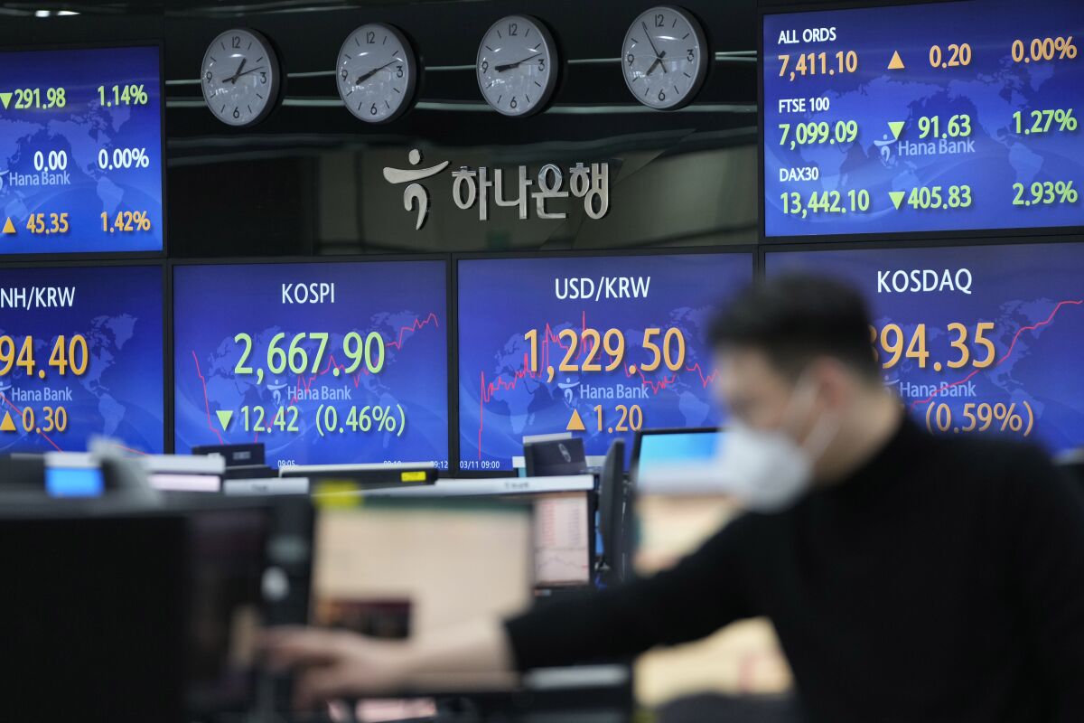 A currency trader watches computer monitors near the screens showing the Korea Composite Stock Price Index (KOSPI), center left, and the foreign exchange rate between U.S. dollar and South Korean won, center right, at a foreign exchange dealing room in Seoul, South Korea, Friday, March 11, 2022. Shares fell Friday in Asia as uncertainty over the war in Ukraine and persistently high inflation keep their sway over markets. (AP Photo/Lee Jin-man)