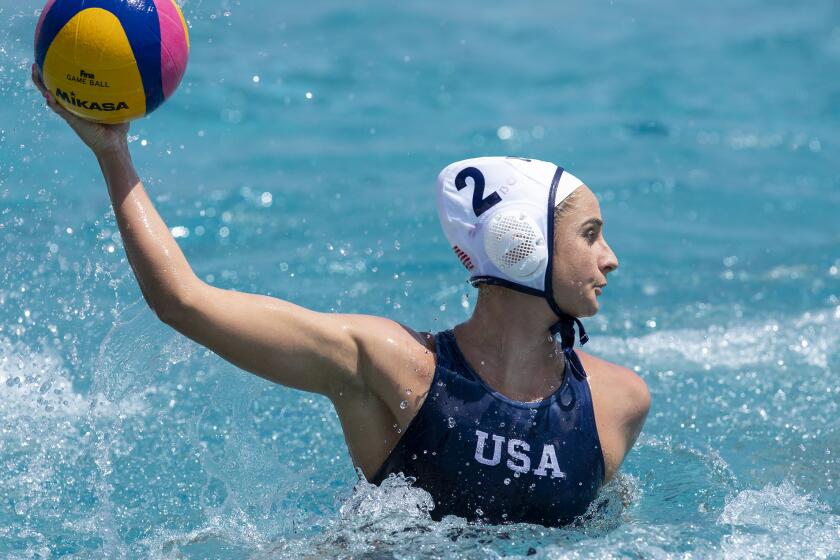 U.S. women's national water polo team's Maddie Musselman takes a shot during a match against at the Los Alamitos Joint Forces Training Base on Wednesday, May 19.