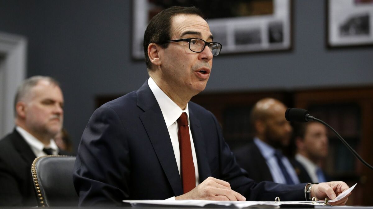 Treasury Secretary Steven T. Mnuchin testifies before a House Appropriations subcommittee on Tuesday.