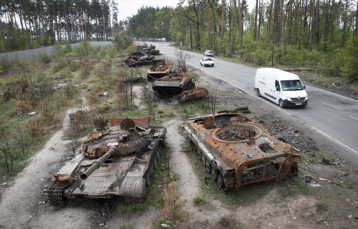 Destroyed Russian tanks by roadside outside Kyiv, Ukraine