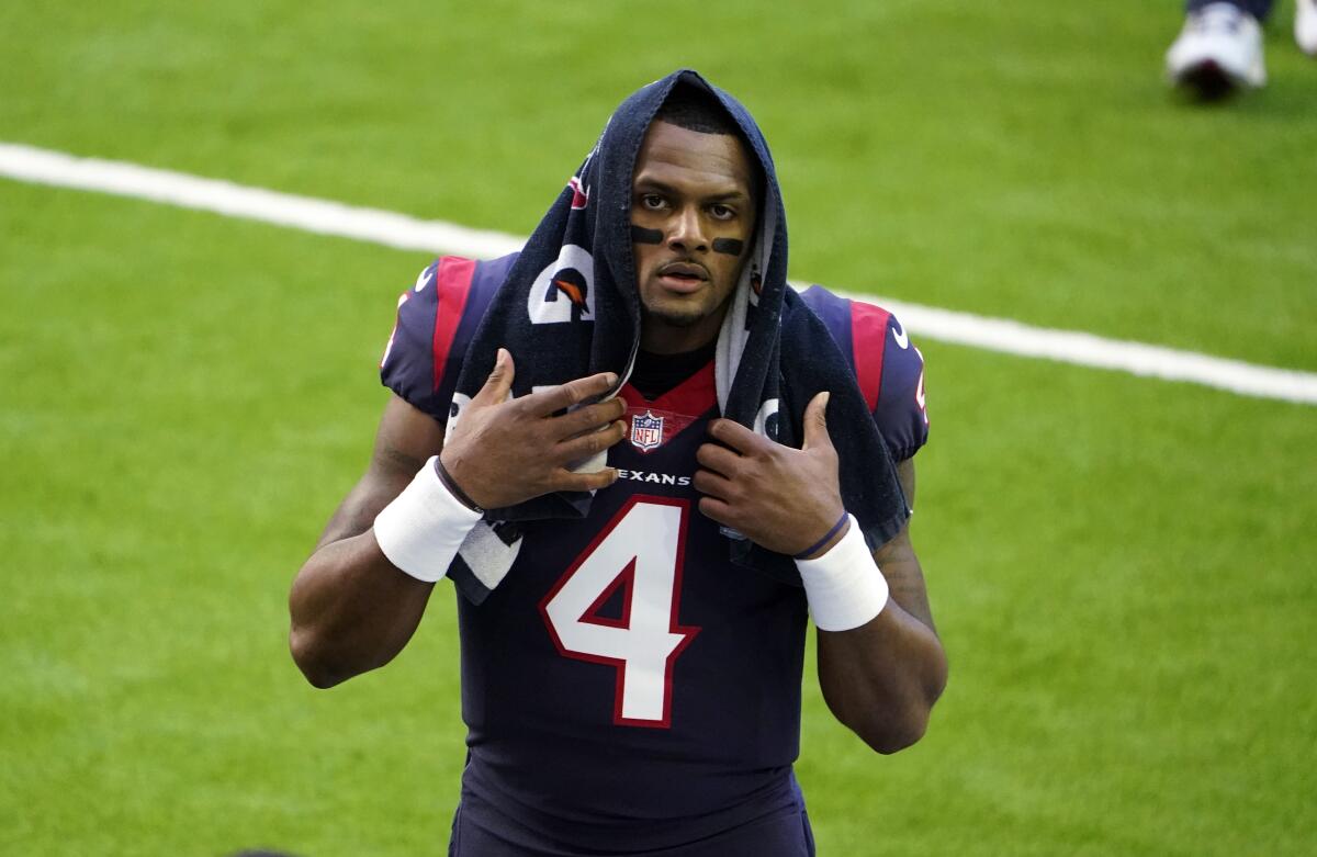  Houston Texans quarterback Deshaun Watson walks off the field in game against Tennessee Titans in Houston Friday. 
