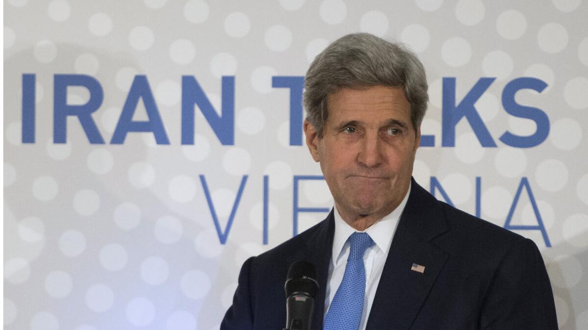 US Secretary of State John Kerry delivers a statement in Vienna on the status of negotiations over Iran's nuclear program before he leaves Vienna on November 24, 2014. Kerry defended extending a deadline for a deal with Iran, saying "real and substantial progress" was made during talks in Vienna and calling on US lawmakers not to impose new sanctions on Tehran. AFP PHOTO/JOE KLAMARJOE KLAMAR/AFP/Getty Images ** OUTS - ELSENT, FPG - OUTS * NM, PH, VA if sourced by CT, LA or MoD **