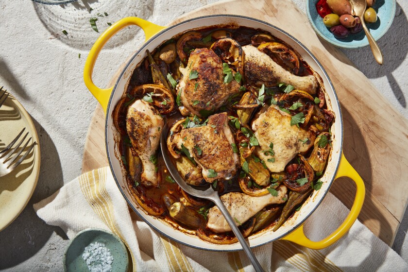 overhead shot of a pot of chicken