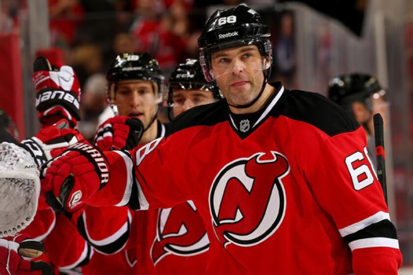 New Jersey Devils forward Jaromir Jagr celebrates after scoring a goal against the Columbus Blue Jackets on Thursday. Jagr scored his 700th career goal Saturday in a 6-1 win over the New York Islanders.