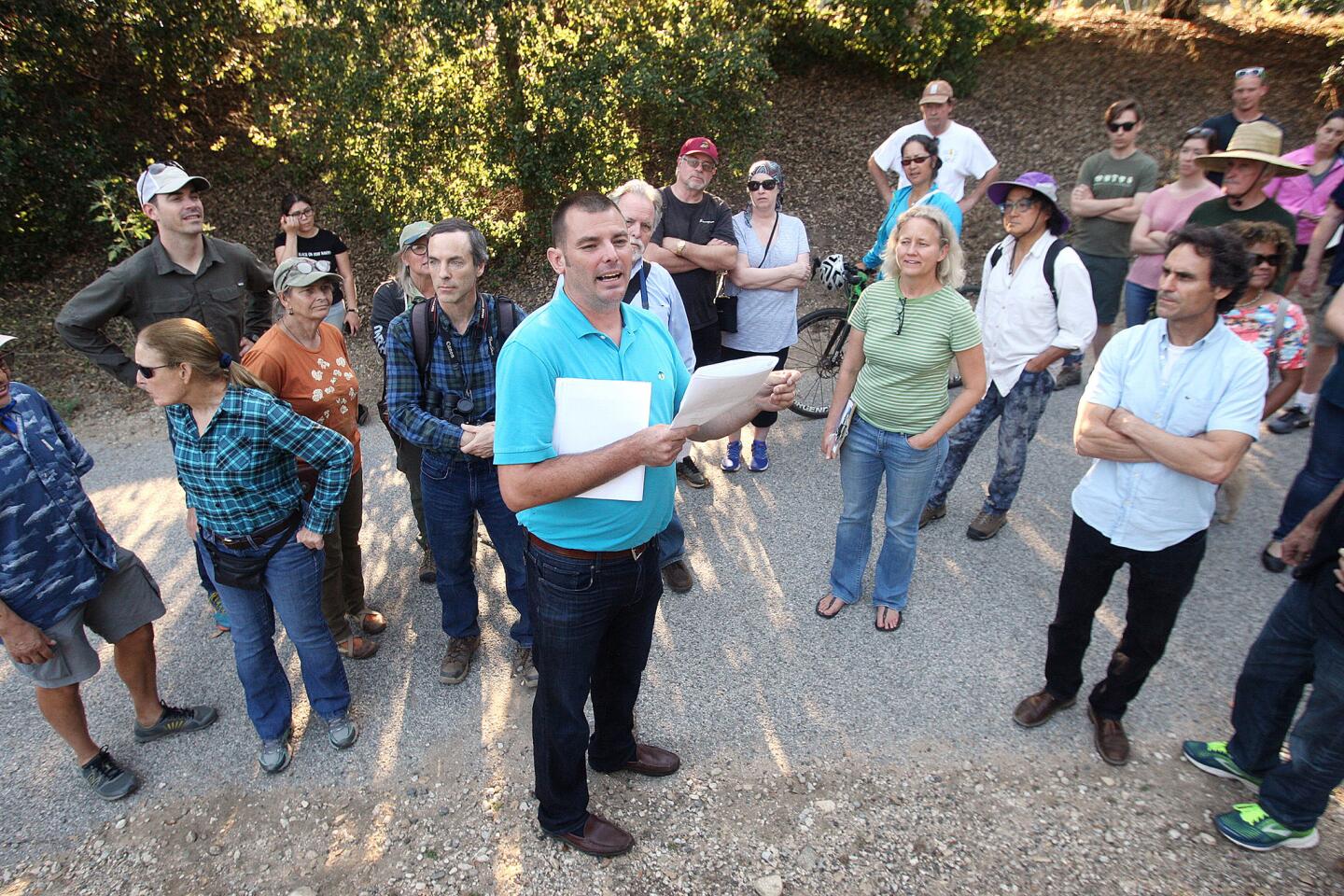 Assistant City Engineer for the City of Pasadena Brent Maue discusses the plan for a grassy area at a tour of the Berkshire Creek at Hahamongna Watershed Park in La Canada Flintridge on Wednesday, June 19, 2019. The Berkshire Creek Area Improvement Project is an Urban Streams Restoration program that will upgrade habitat, improve public safety and restore more natural hydrology to Berkshire Creek. The program is sponsored by ASF and the city of Pasadena.