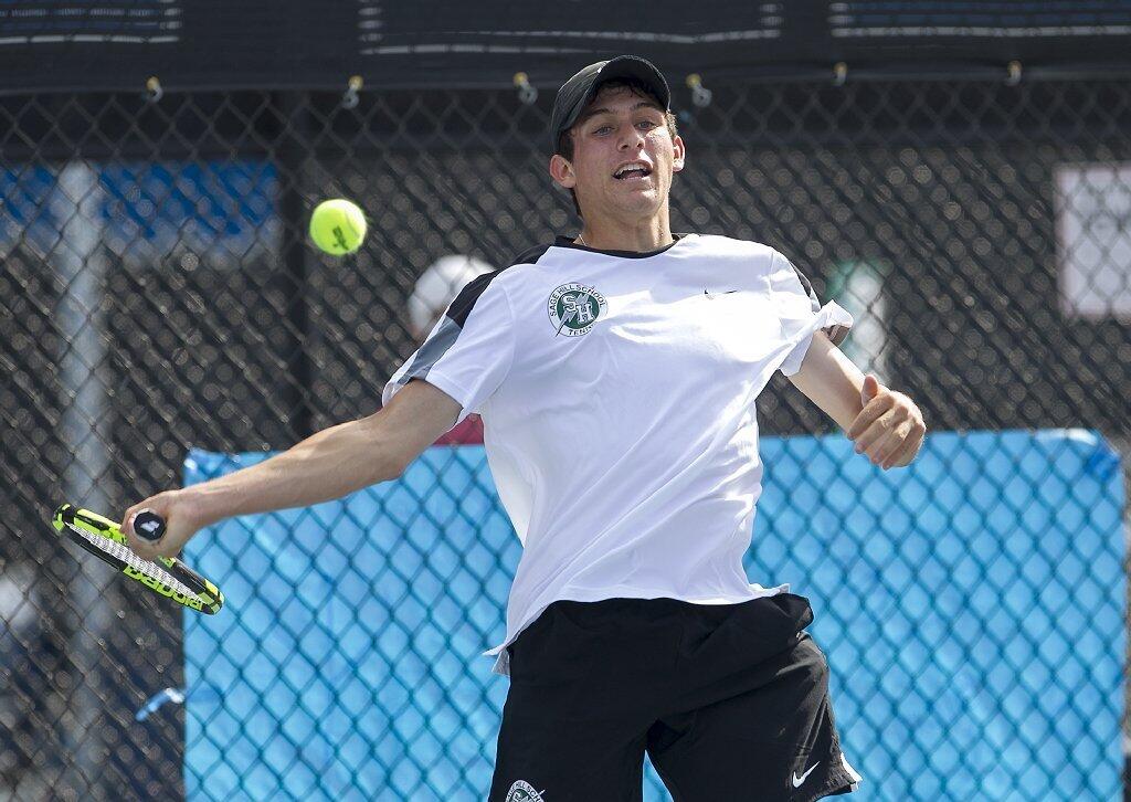 Sage Hill School's Adam Langevin returns a forehand against Corona del Mar.