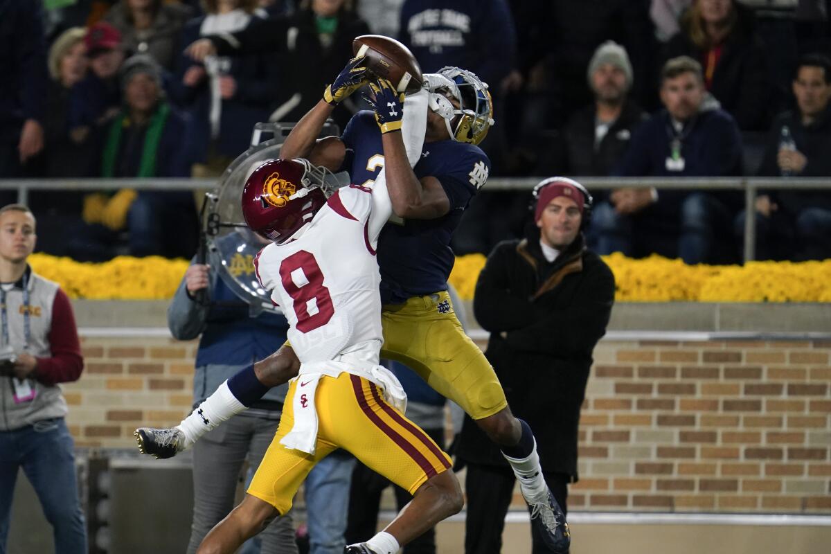 USC cornerback Chris Steele breaks up a pass intended for Notre Dame receiver Lorenzo Styles Jr