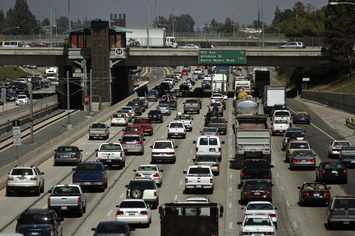 Eastbound traffic crawls on 210 Freeway on a Friday afternoon.