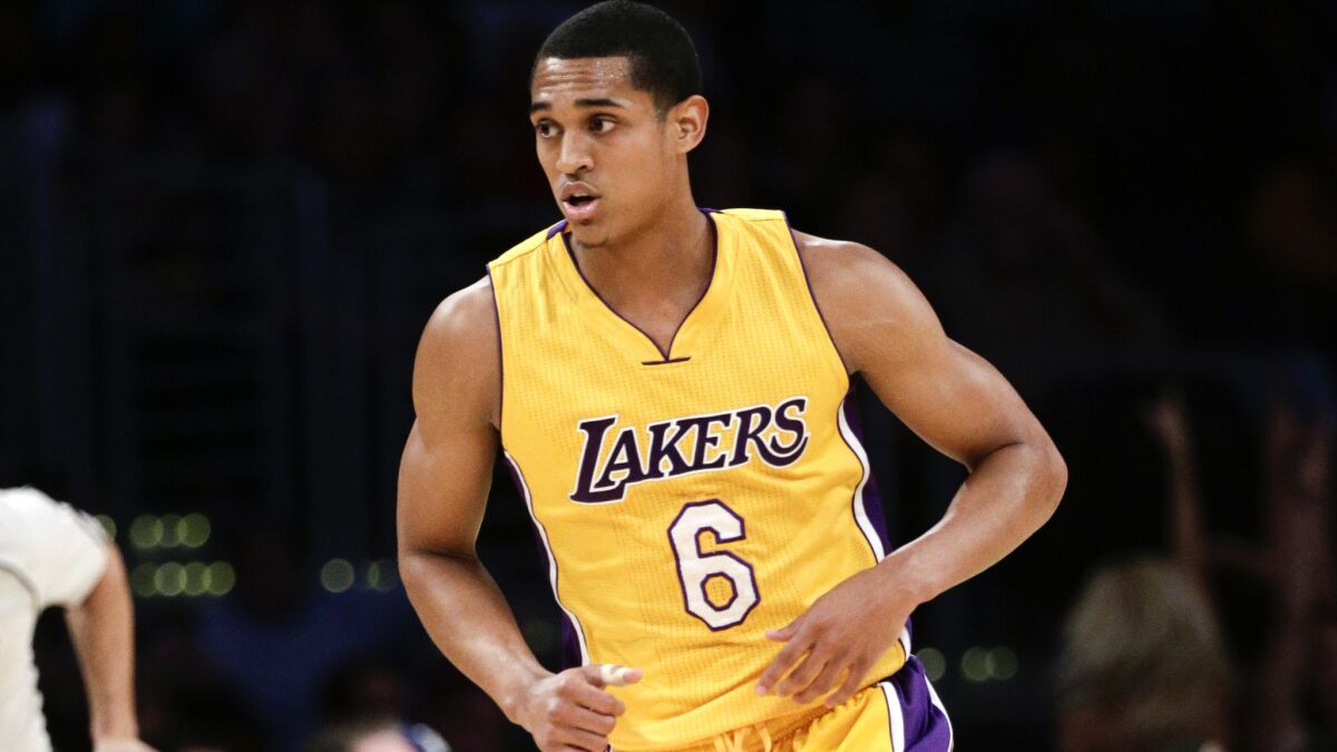 Lakers guard Jordan Clarkson, shown during a preseason game on Oct. 19, left Thursday night's game with a sprained right shoulder.