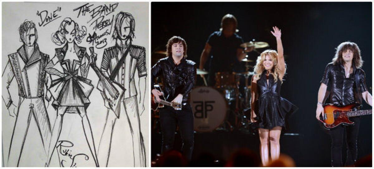 At left, Rubin Singer's costume sketches for the Band Perry. At right Neil Perry, left, Kimberly Perry and Reid Perry perform in the outfits.